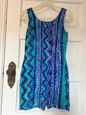 Vintage 90s All That Jazz Dress Size 7/8 Blue Abstract Scoop Mini Sleeveless